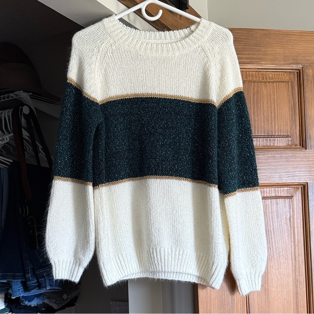 BB Dakota by Steve Madden Cream and Green Striped Sweater with Gold Accent